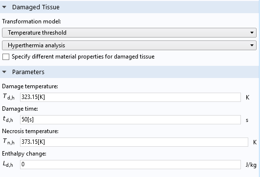 A screenshot of the Thermal Damage feature settings in COMSOL Multiphysics.