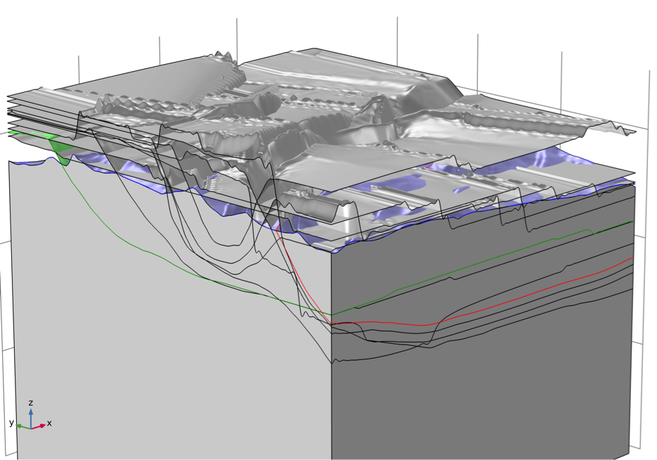 A screenshot showing how surfaces can be intersected and trimmed with topography.