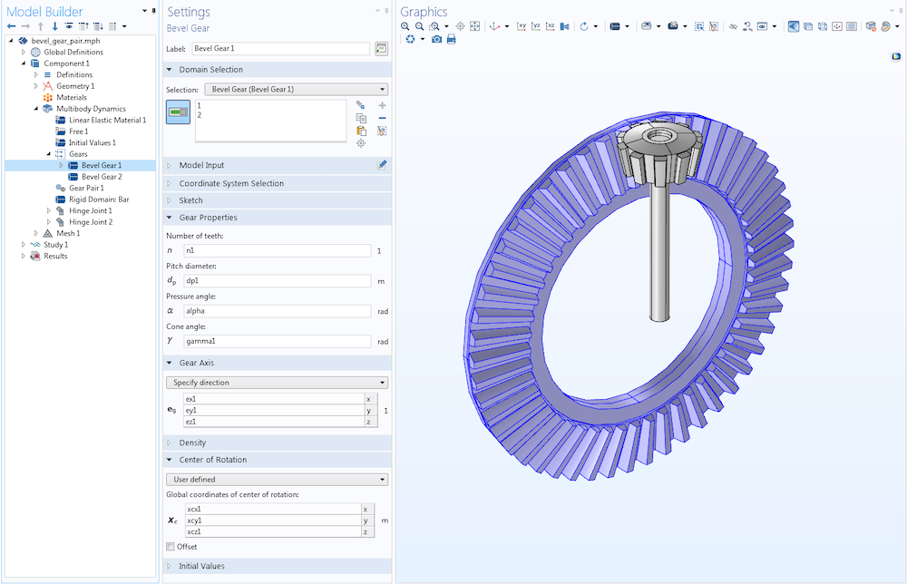 A screenshot of the Graphics window in the Model Builder that shows how selections are assigned to domains corresponding to each gear part.