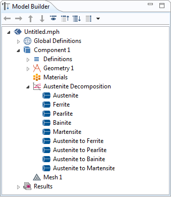 A screenshot of the Model Builder window showing the nodes of of the Austenite Decomposition interface in the Metal Processing Module.
