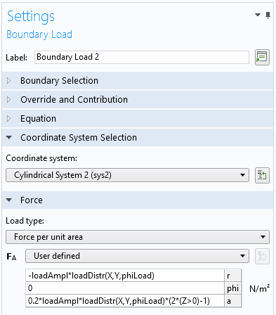 A screenshot of Settings window that shows the Boundary Load settings.