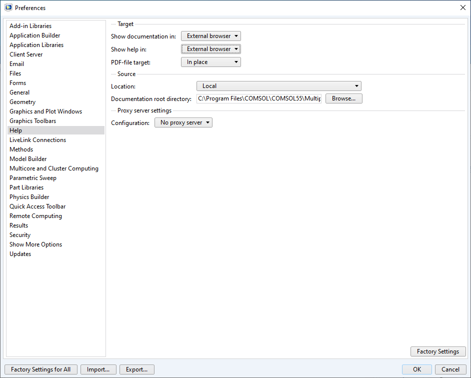 A screenshot of the Help page in the Preferences dialog box in COMSOL Multiphysics®.