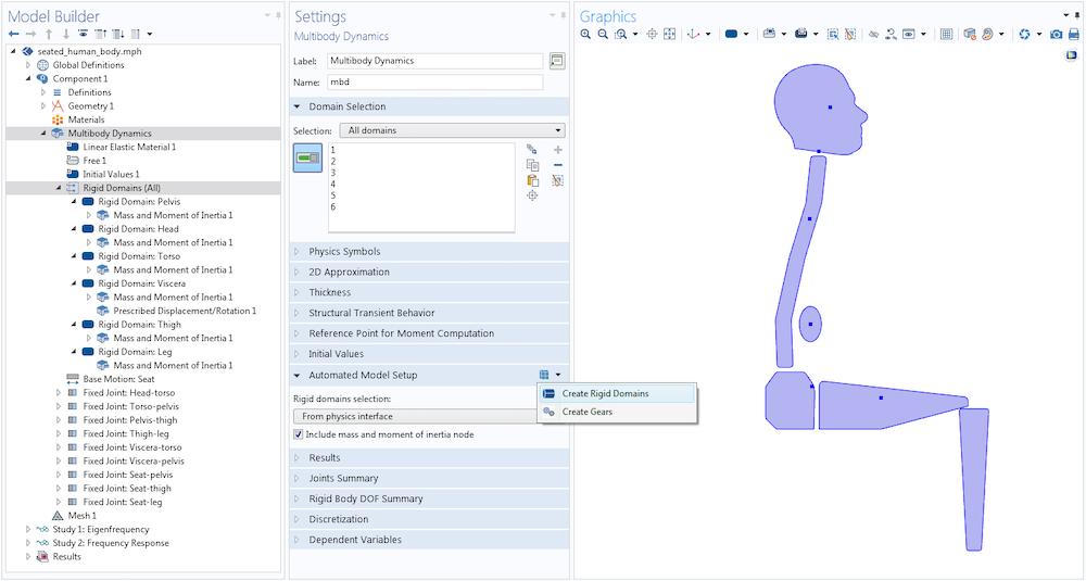 A screenshot of the Creating Rigid Domains button used to add nodes for each of the six body parts in the Biomechanical Model of the Human Body in a Sitting Posture.