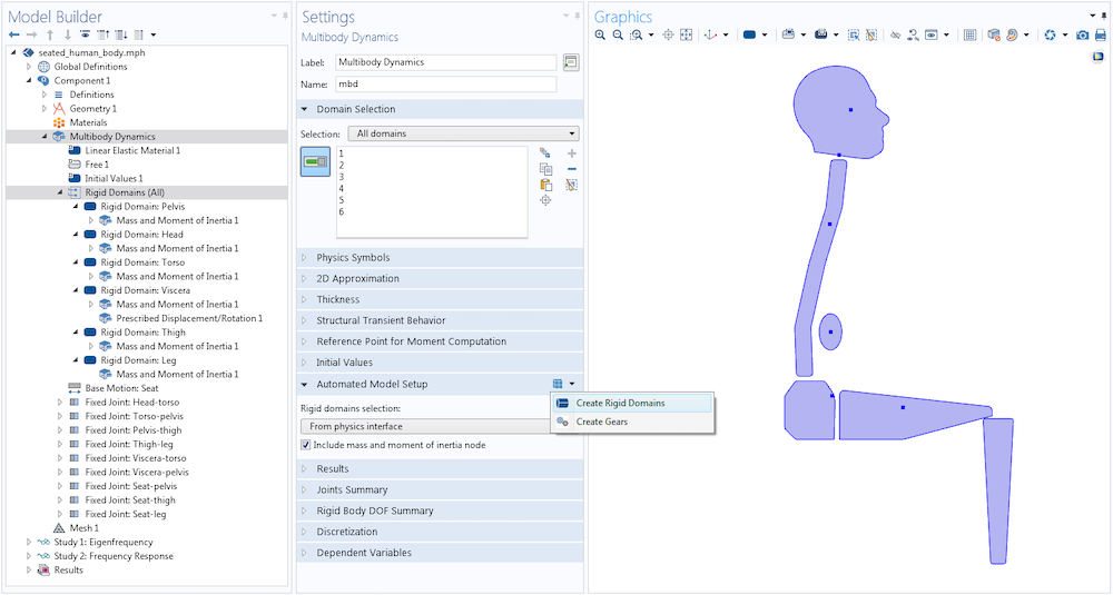 “创建刚性域”按钮的屏幕截图，用于为坐姿人体生物力学模型中的六个身体部位中的每个部位添加节点。