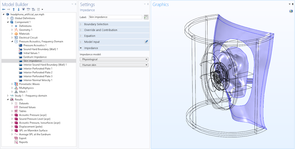 A screenshot of the Model Builder window in COMSOL Multiphysics, that shows the boundaries of the acoustic domain with skin impedance.