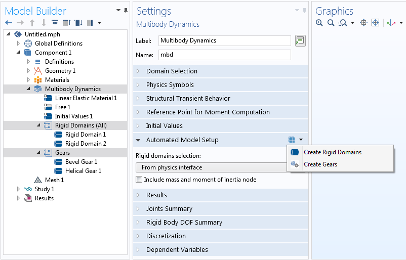 A screenshot of the Settings window showing the Automated Model Setup Functionality for multibody system models in the Multibody Dynamics interface.