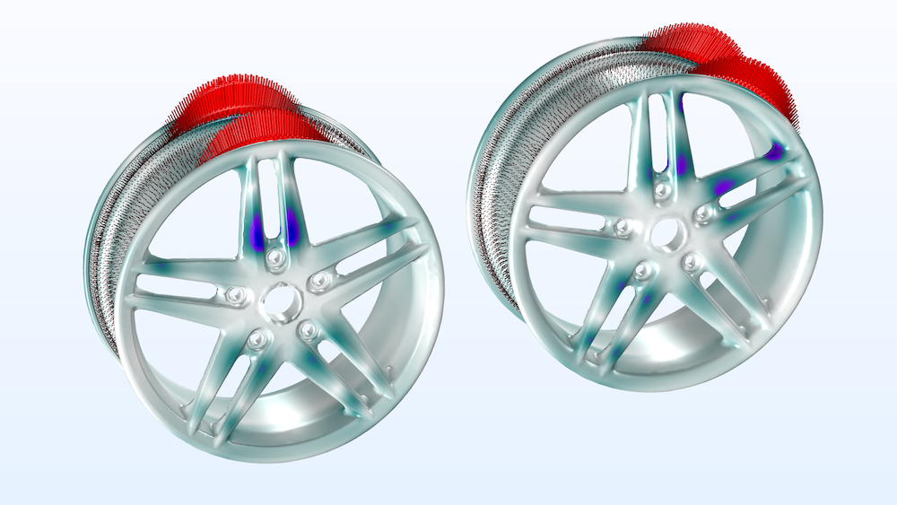 对于两个描述负载旋转参数的值，在车轮轮辋上绘制的负载图像以及应力分布图。