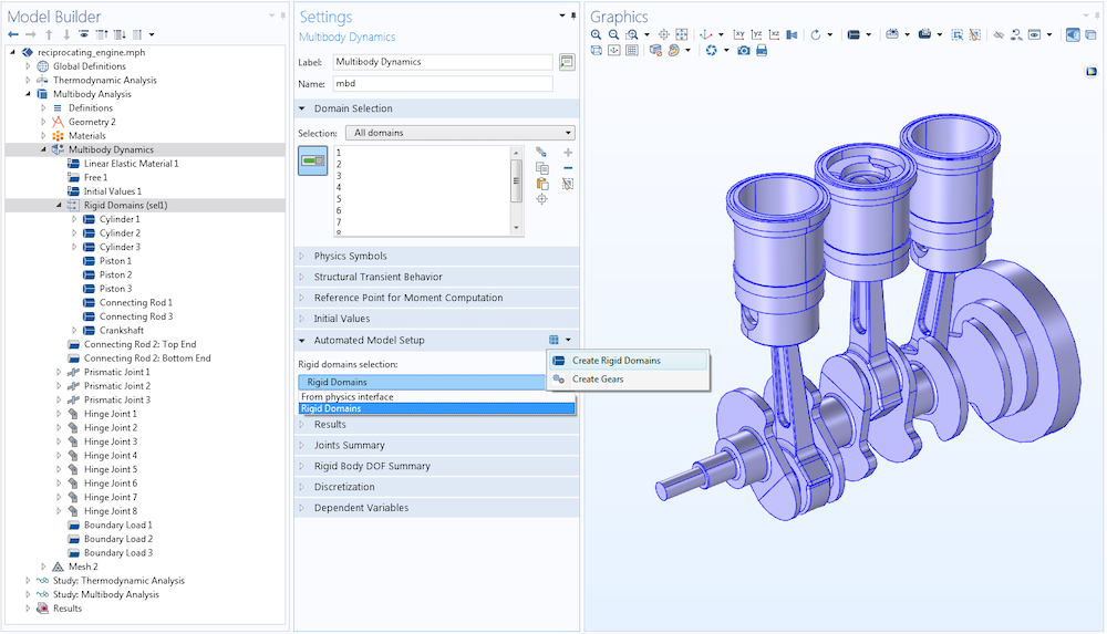 A screenshot a Three-Cylinder Reciprocating Engine model and a domain selection called Rigid Domains in the Model Builder window.