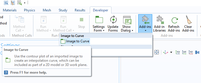 “开发工具”选项卡的屏幕快照，其中包含“图像到曲线”加载项。