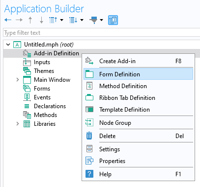 A close-up view of the Application Builder showing the Add-in Definition button highlighted with the Form Definition option selected.