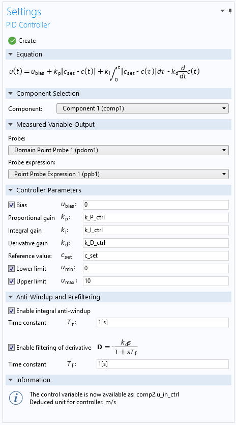 A screenshot of the Settings window for the PID controller add-in in COMSOL Multiphysics®.