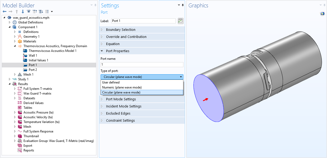 A screenshot of the Port feature Settings window in COMSOL Multiphysics®.