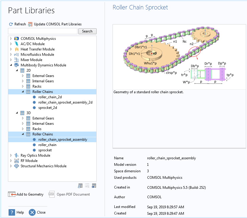 A screenshot of the Part Libraries in COMSOL Multiphysics with a Roller Chain Sprocket part selected.