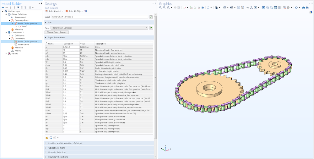 A screenshot of a roller chain sprocket assembly being added as a part instance to a model.