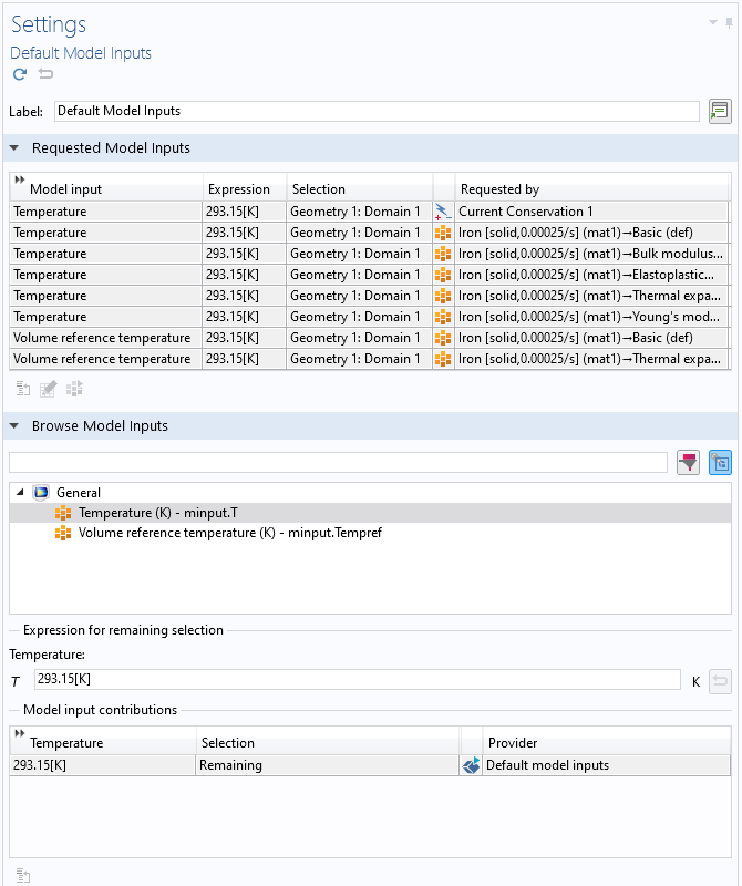 A screenshot of the Default Model Inputs settings.