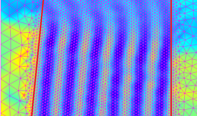 在 COMSOL Multiphysics 中使用光束包络界面的特写镜头模拟图像。