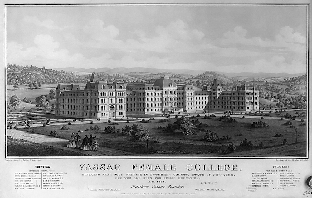 A black-and-white illustration of Vassar College in New York.