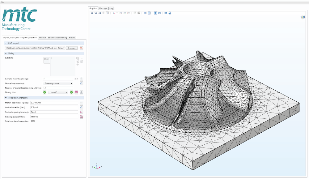 The UI of a simulation app with the mesh for a sample design shown in the graphics window.