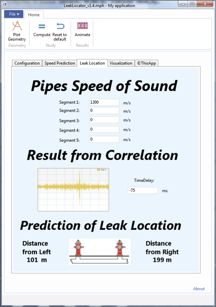 The Leak Location tab of a pipe leak locator simulation app.