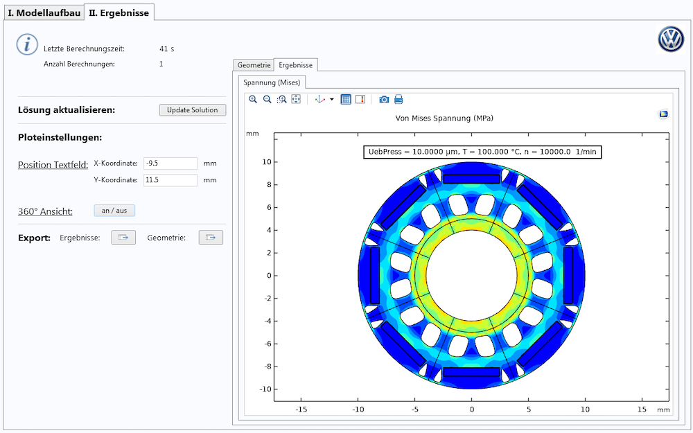 The UI of a simulation app in German that lets users evaluate the rotor lamination strength based on given inputs.