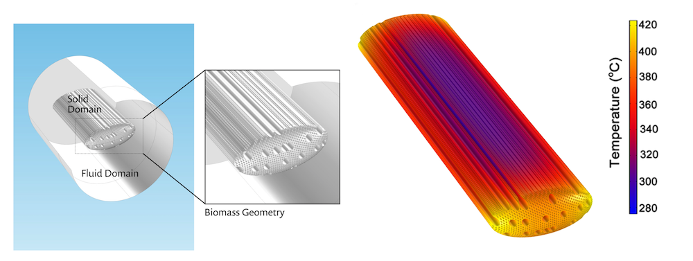 Side-by-side graphics of the model geometry and temperature distribution for a hardwood biomass particle.