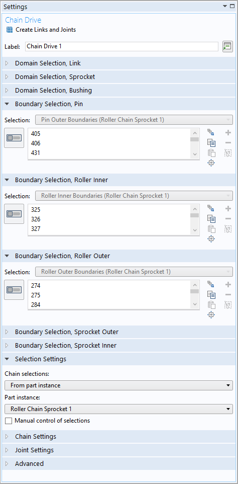 A screenshot showing the boundary selection inputs for chain links.