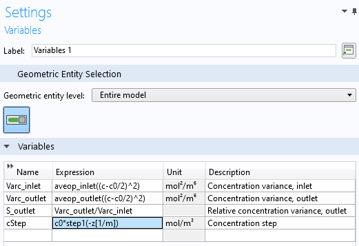 The Variables Settings window with the defining expression of the cStep variable highlighted.