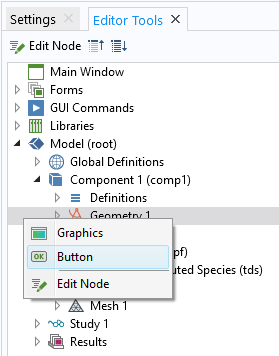 A screenshot of the Editor Tools window being used to add a Plot Geometry button to the simulation app.