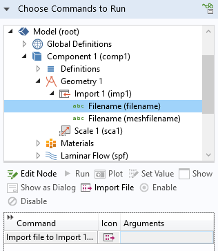 A screenshot of the Choose Commands to Run section of the Import button Settings window for the simulation app.