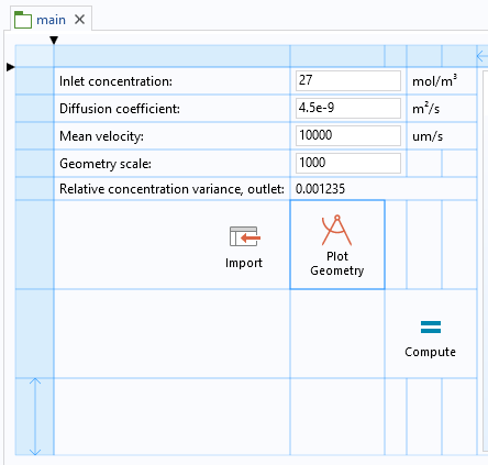 The main Form of the simulation app with the Plot Geometry button highlighted.