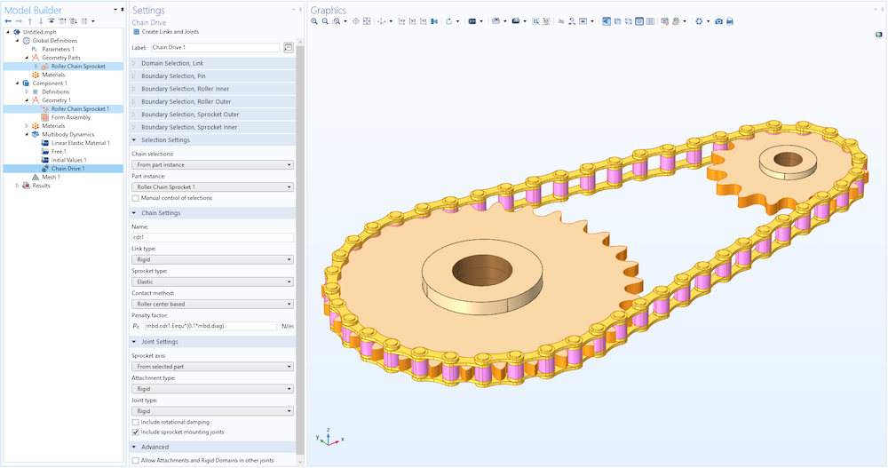 An image of the COMSOL Multiphysics Model Builder with a roller chain sprocket added as a part instance for a model geometry.