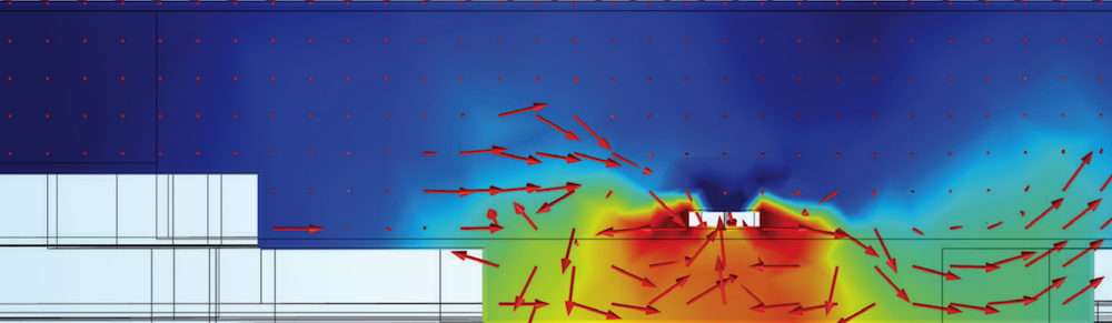 A streamline plot showing the microbubbles in a reservoir in COMSOL Multiphysics®, which is one example of using simulation to help the environment.