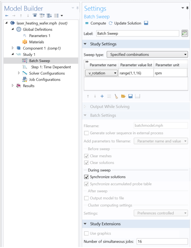 The Settings Window for the Batch Sweep feature, with the relevant settings highlighted.