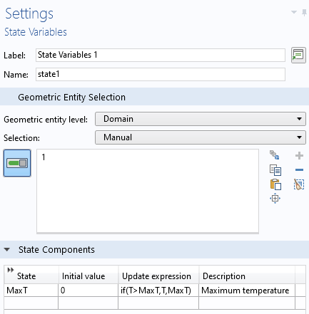 A screenshot showing how to define a state variable, MaxT, in the State Variable Settings window.