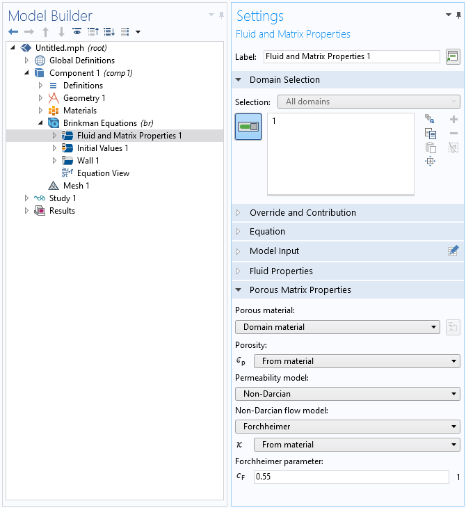 Settings for modeling non-Darcian flow in a porous medium in COMSOL Multiphysics.