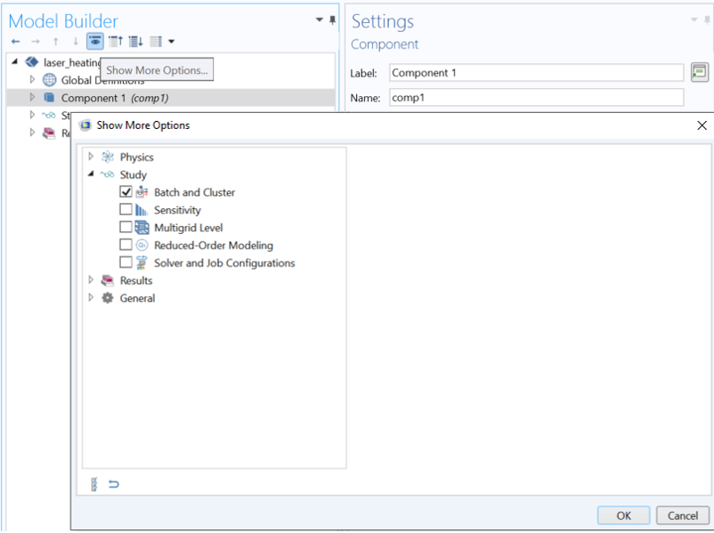 The Model Builder in COMSOL Multiphysics with the Show More Options dialog box open.