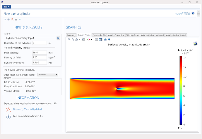 A simulation app for teaching transport phenomena, built using the Application Builder in COMSOL Multiphysics.