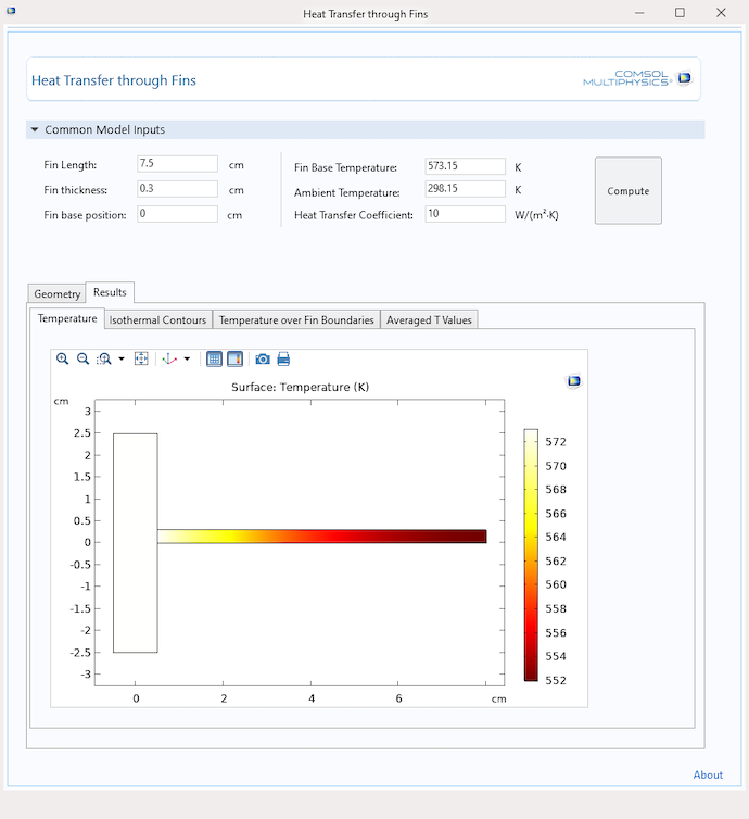 A screenshot of a simulation app used to study heat transfer through a finned pipe.