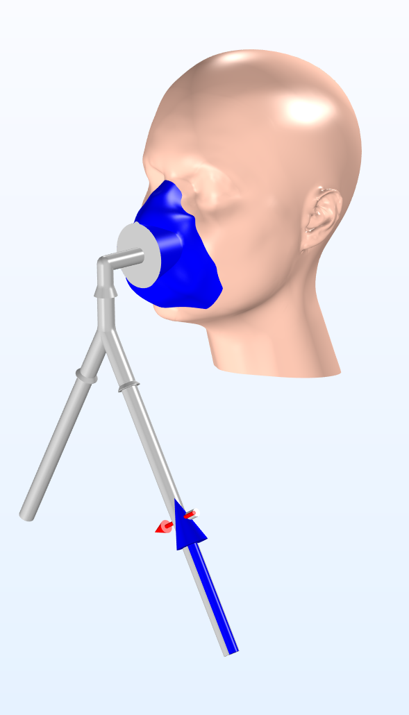 A model of a patient with an NIV mask receiving drug treatment.