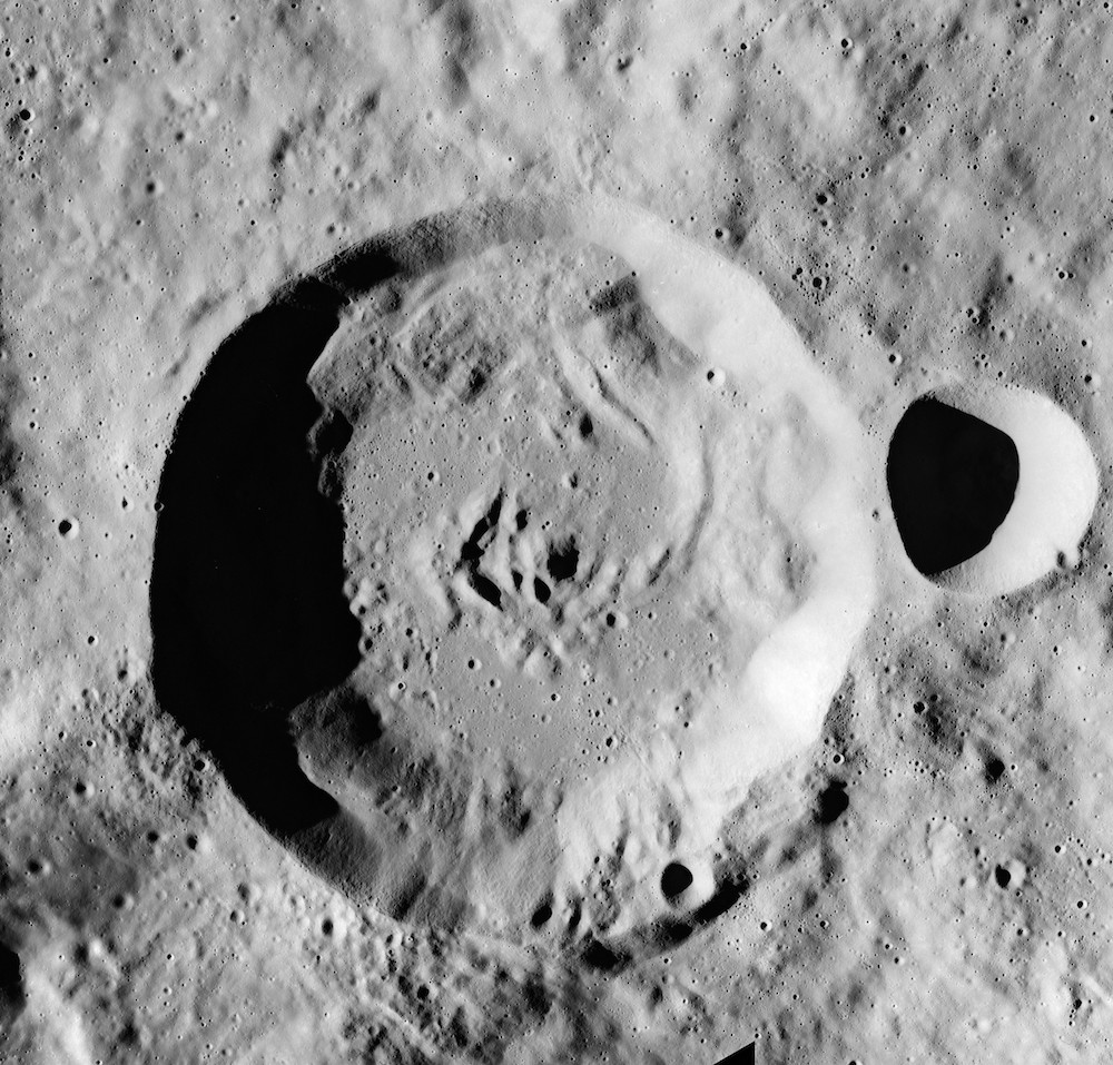 An image of the Moon zoomed in on the Tiselius crater, named after biochemist Arne Tiselius.