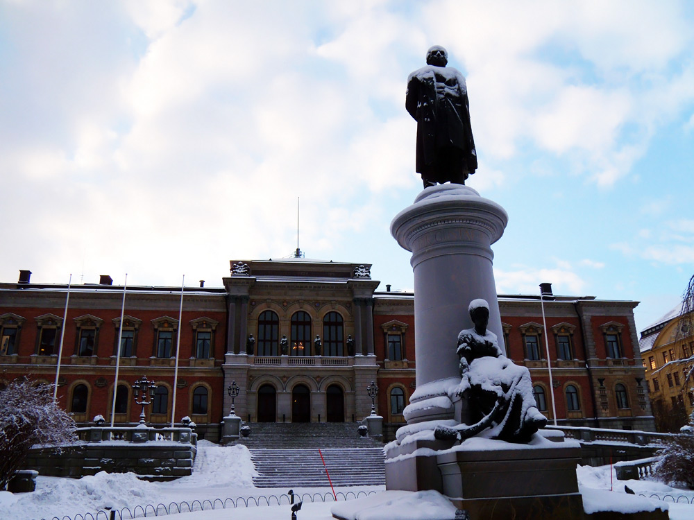 A photograph of the front of the main building of Uppsala University in Sweden.