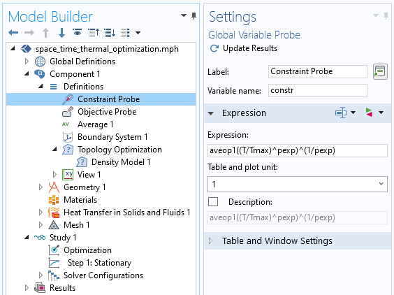 A screenshot of the Global Variable Probe settings for the probe used to define the constraint expression.