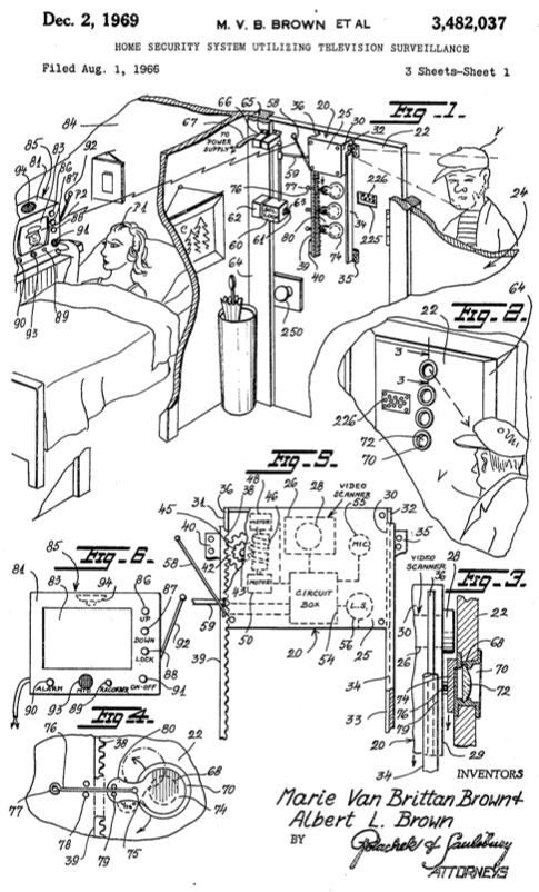 A sketch of the patent for a home security system designed by inventor Marie Van Brittan Brown.