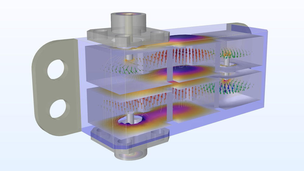 Couple RF, thermal, and stress analyses to design for 5G applications, like this cascaded cavity filter.