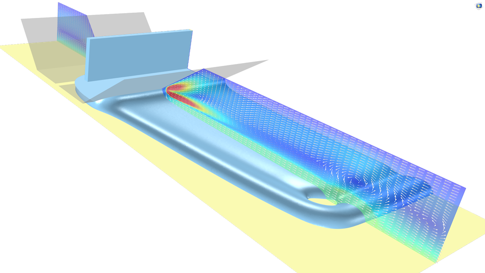 A visualization of a simulation in which a slot die is coated with a shear-thinning fluid using the Polymer Flow Module.