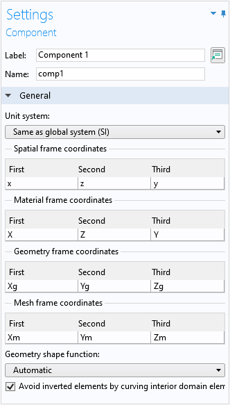 A screenshot of the settings in COMSOL Multiphysics showing how to change the coordinate name for the second axis from the default.