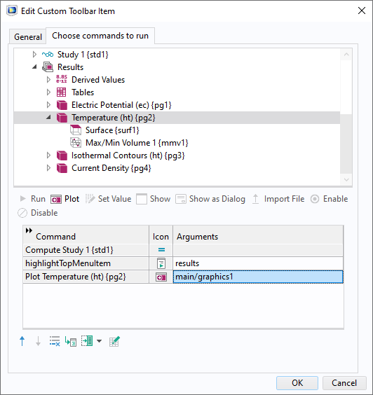 The Edit Custom Toolbar Button dialog box, with the arguments section opened and showing how to edit a command sequence.