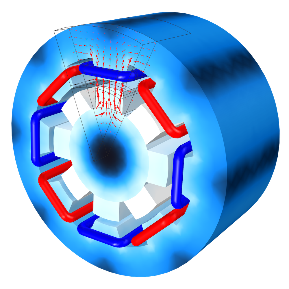 COMSOL Multiphysics中发电机模型的三维几何图形。188金宝搏优惠