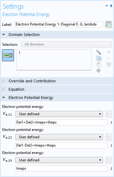 A screenshot of the Settings window for the Electron Potential Energy domain condition.