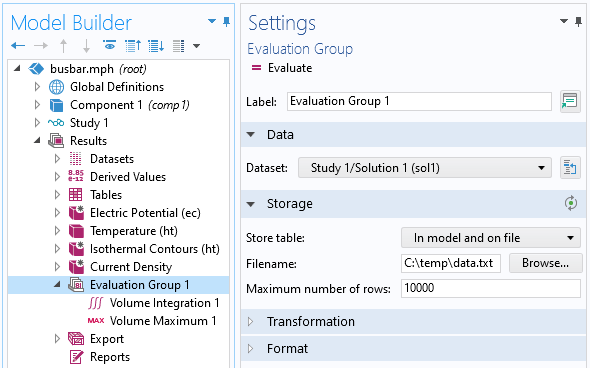 A screenshot of the Evaluation Group node opened to the settings that specify writing numerical data to a file.